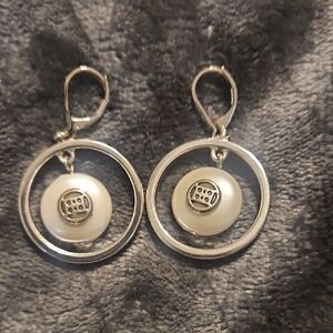 Silver Hoop Drop Earrings with Pearl Disc Accent